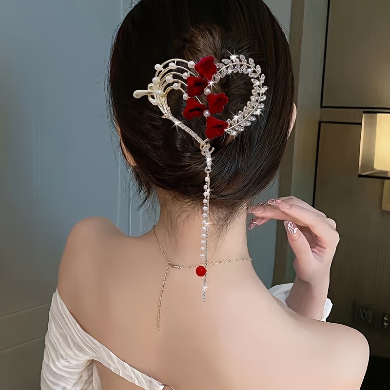 1pc Large Rhinestones Chain Hair Clip, Heart Shaped Tassel Hair Clip, Daily Hair Accessory For Girls