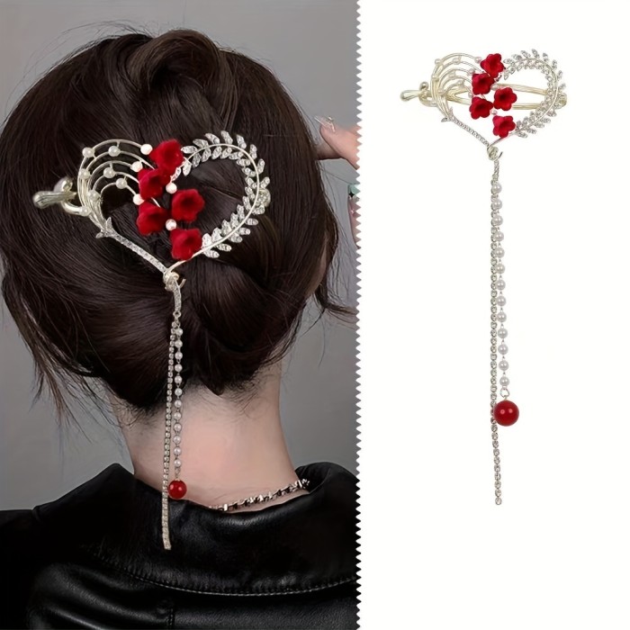 1pc Large Rhinestones Chain Hair Clip, Heart Shaped Tassel Hair Clip, Daily Hair Accessory For Girls