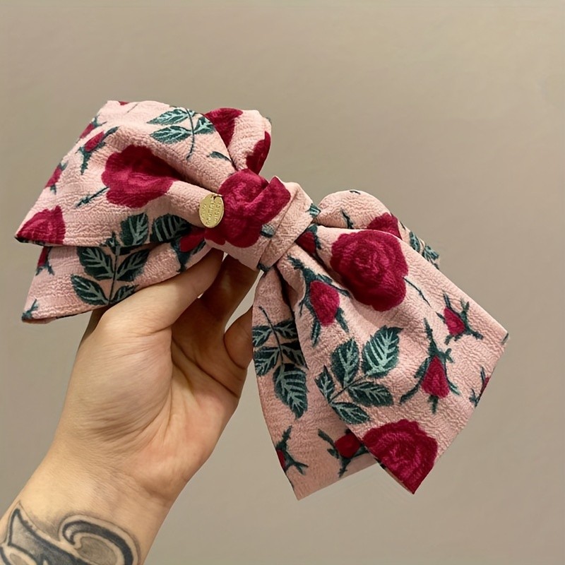 Vintage Bohemian Fabric Bow Hair Clip with Floral Print - French Style Rose and Leaves Design Hair Accessory for Women, Single Piece Hair Barrette Suitable for Ages 14+