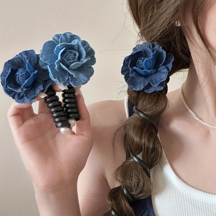 Elegant Blue Floral Spiral Hair Tie With Faux Pearl Accents - Vintage-Inspired, Durable Resin Rubber Band For Women And Girls
