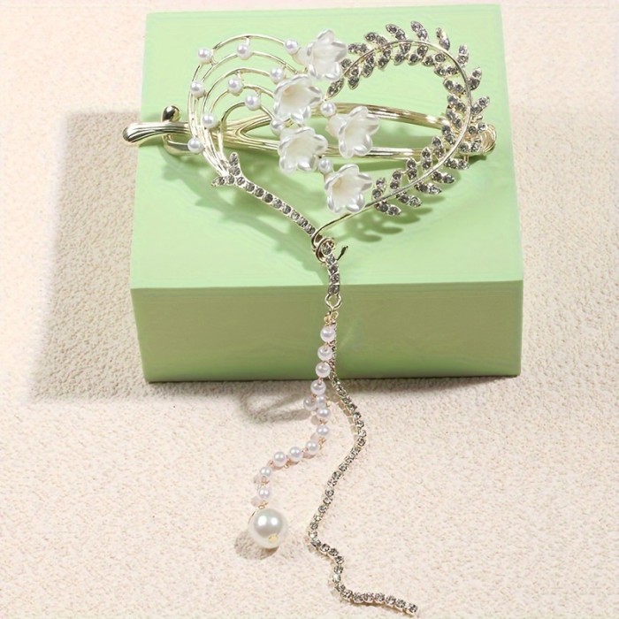 1pc Large Rhinestones Chain Hair Clip, Heart Shaped Tassel Hair Clip, Daily Hair Accessory For Girls