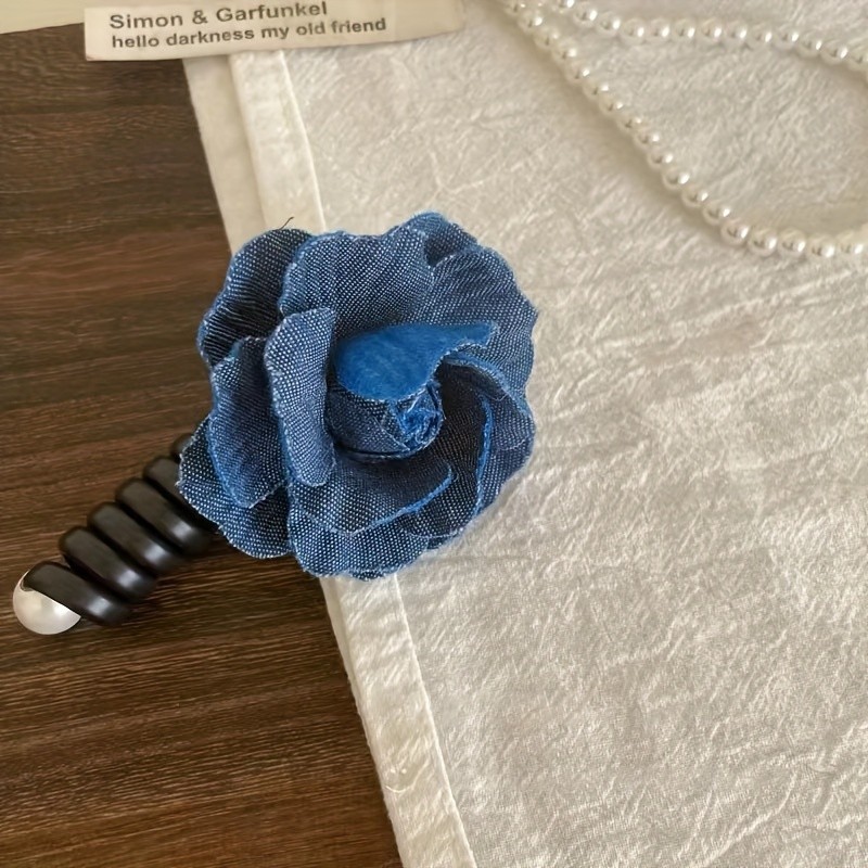 Elegant Blue Floral Spiral Hair Tie With Faux Pearl Accents - Vintage-Inspired, Durable Resin Rubber Band For Women And Girls