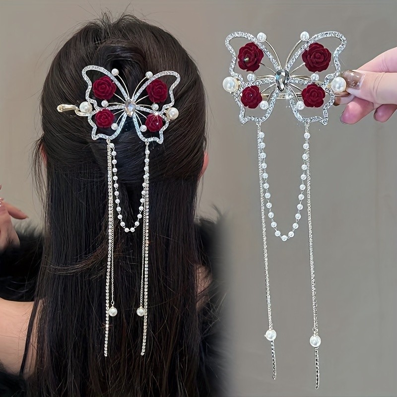 1pc Delicate Elegant Tassel Rose Flower Hair Clip, Vintage Butterfly Tassel Hair Clip, Women Girls Princess Style Hair Accessories, Ideal Choice For Valentine's Day Gift