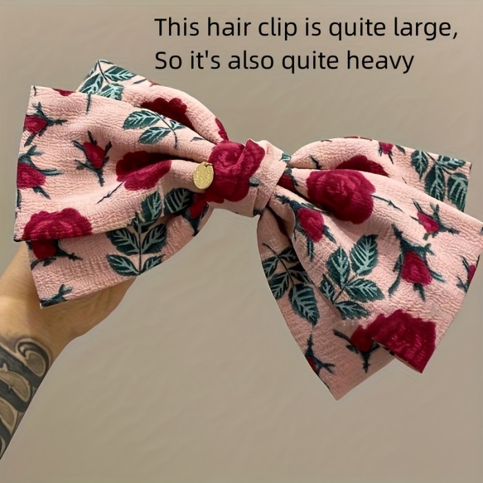 Vintage Bohemian Fabric Bow Hair Clip with Floral Print - French Style Rose and Leaves Design Hair Accessory for Women, Single Piece Hair Barrette Suitable for Ages 14+