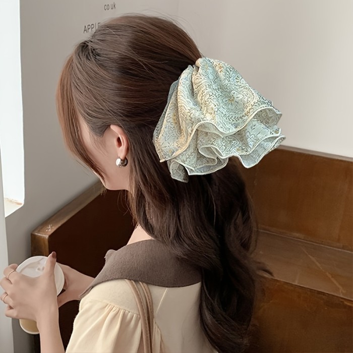 Chic Vintage Flower Hair Scrunchie - Elastic Mesh & Pleated Design - Stylish Ponytail Holder for Everyday Glam