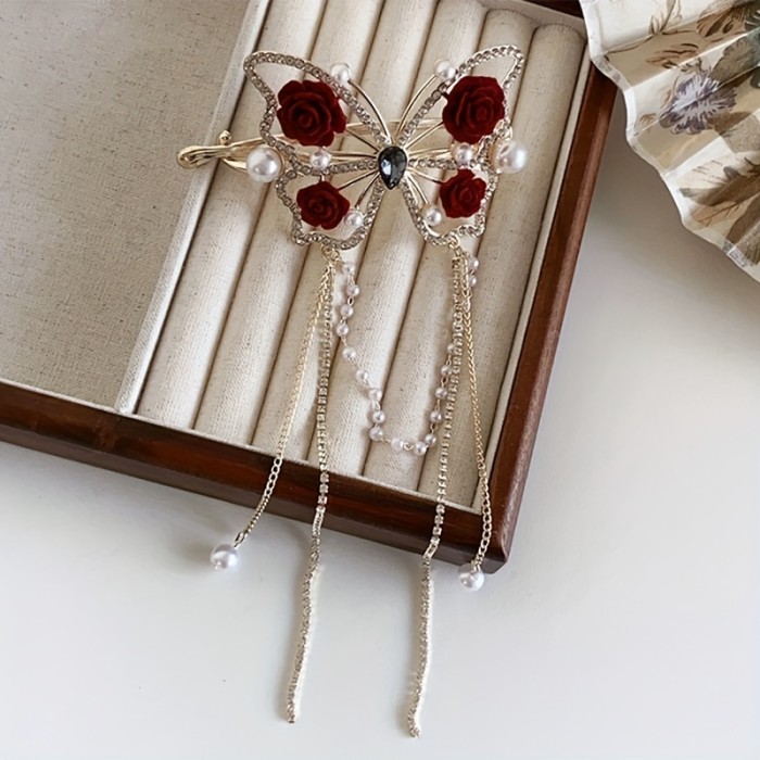 1pc Delicate Elegant Tassel Rose Flower Hair Clip, Vintage Butterfly Tassel Hair Clip, Women Girls Princess Style Hair Accessories, Ideal Choice For Valentine's Day Gift