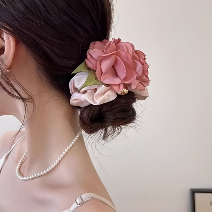 1pc Elegant Floral Hair Ring - Soft Fabric, Large Intestine Design, Solid Color Printing, Trendy Ponytail Holder for Womens Daily Use