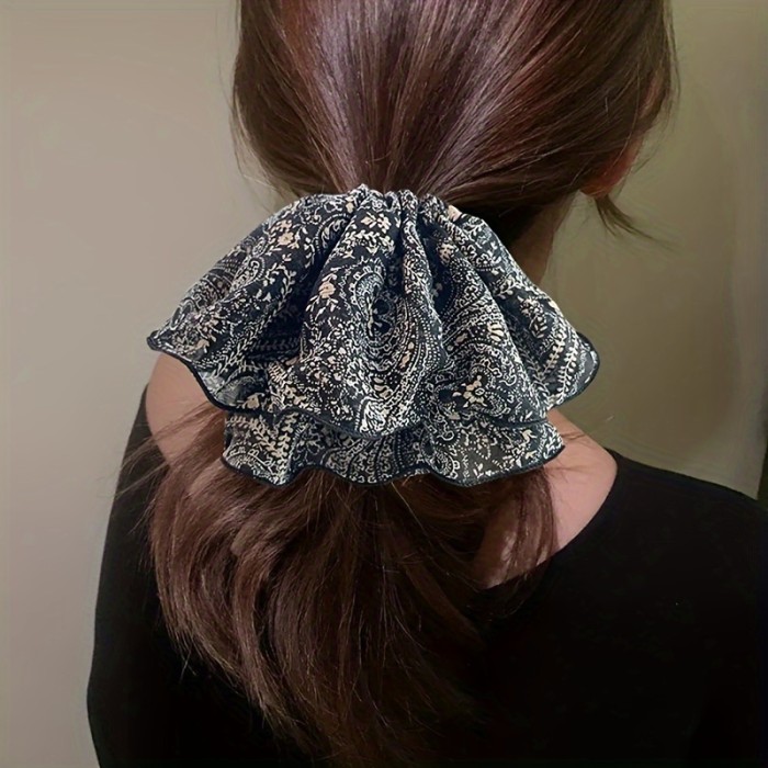 Chic Vintage Flower Hair Scrunchie - Elastic Mesh & Pleated Design - Stylish Ponytail Holder for Everyday Glam