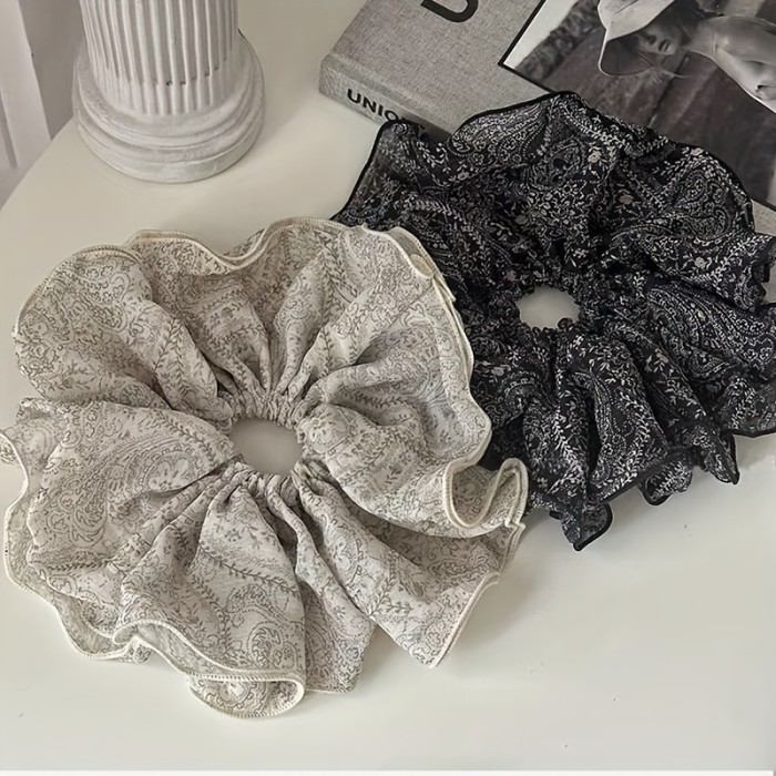 Chic Vintage Flower Hair Scrunchie - Elastic Mesh & Pleated Design - Stylish Ponytail Holder for Everyday Glam