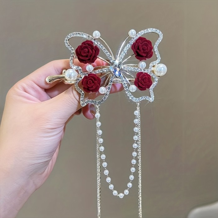 1pc Delicate Elegant Tassel Rose Flower Hair Clip, Vintage Butterfly Tassel Hair Clip, Women Girls Princess Style Hair Accessories, Ideal Choice For Valentine's Day Gift