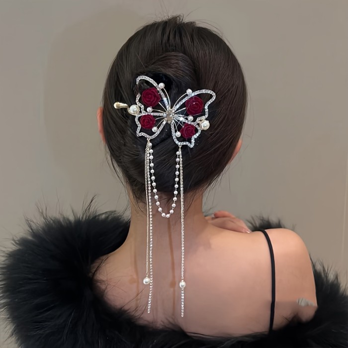1pc Delicate Elegant Tassel Rose Flower Hair Clip, Vintage Butterfly Tassel Hair Clip, Women Girls Princess Style Hair Accessories, Ideal Choice For Valentine's Day Gift