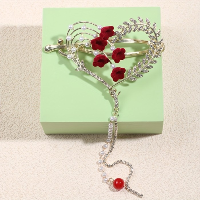 1pc Large Rhinestones Chain Hair Clip, Heart Shaped Tassel Hair Clip, Daily Hair Accessory For Girls
