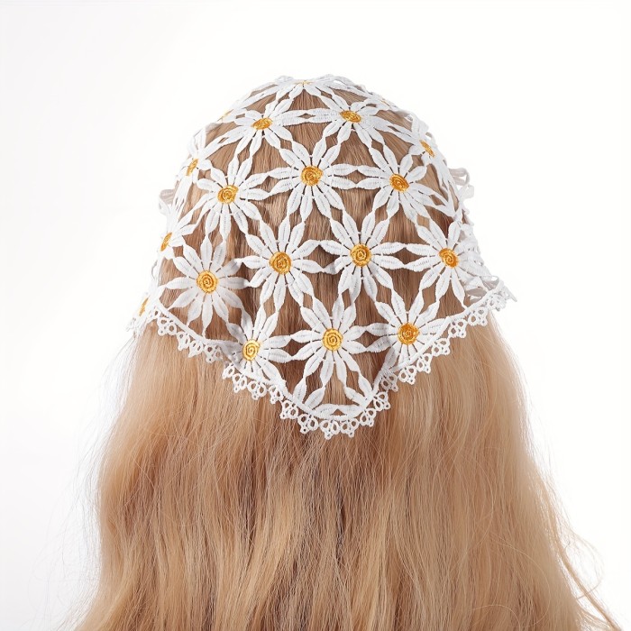 Triangle Crochet Bandana Headband - Boho Floral Embroidered Kerchief for Women - Daily Holiday Use, Hollow Out Design, Soft Fabric, One-Size-Fits-Most