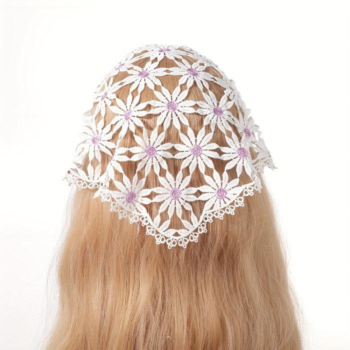 Triangle Crochet Bandana Headband - Boho Floral Embroidered Kerchief for Women - Daily Holiday Use, Hollow Out Design, Soft Fabric, One-Size-Fits-Most