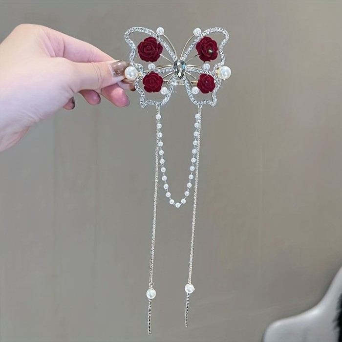 1pc Delicate Elegant Tassel Rose Flower Hair Clip, Vintage Butterfly Tassel Hair Clip, Women Girls Princess Style Hair Accessories, Ideal Choice For Valentine's Day Gift