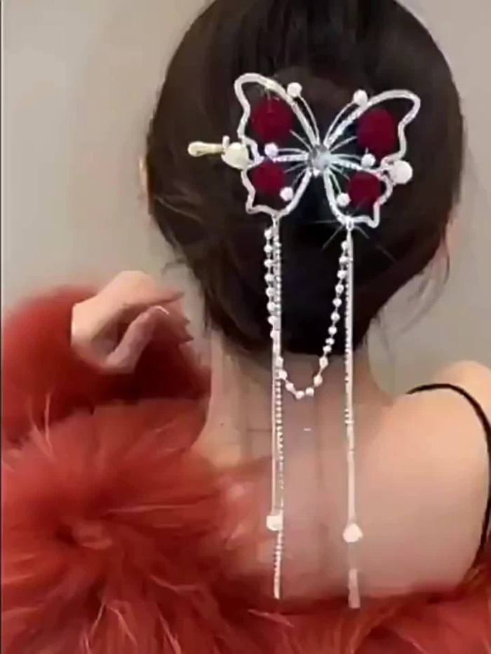 1pc Delicate Elegant Tassel Rose Flower Hair Clip, Vintage Butterfly Tassel Hair Clip, Women Girls Princess Style Hair Accessories, Ideal Choice For Valentine's Day Gift