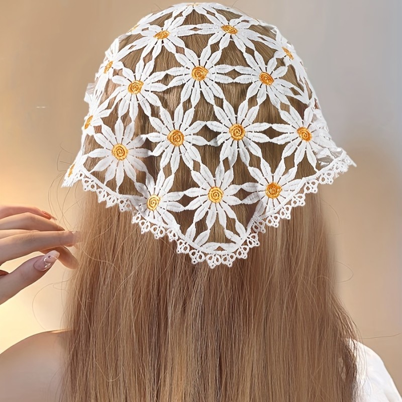 Triangle Crochet Bandana Headband - Boho Floral Embroidered Kerchief for Women - Daily Holiday Use, Hollow Out Design, Soft Fabric, One-Size-Fits-Most