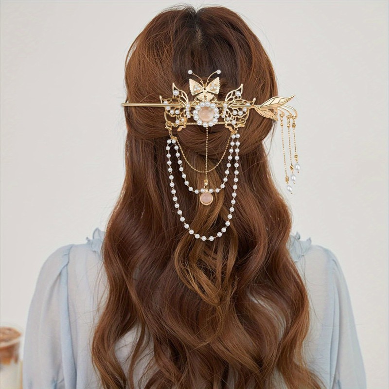 1pcs Butterfly Flower Tassel Hair Stick Faux Pearl Decor Hairpin Vintage Hair Chopstick With Tassel Traditional Hair Jewelry Accessories