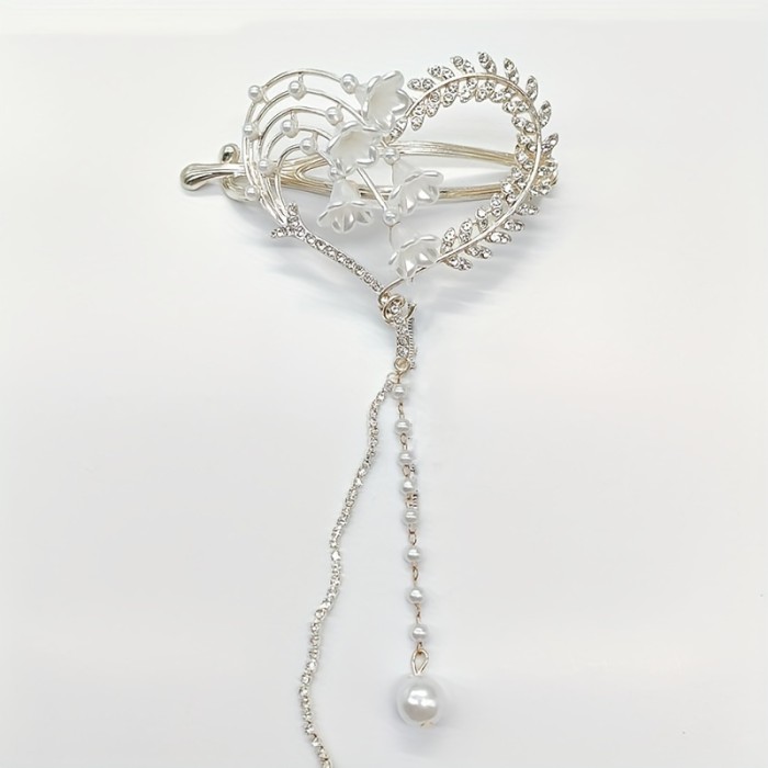 1pc Large Rhinestones Chain Hair Clip, Heart Shaped Tassel Hair Clip, Daily Hair Accessory For Girls