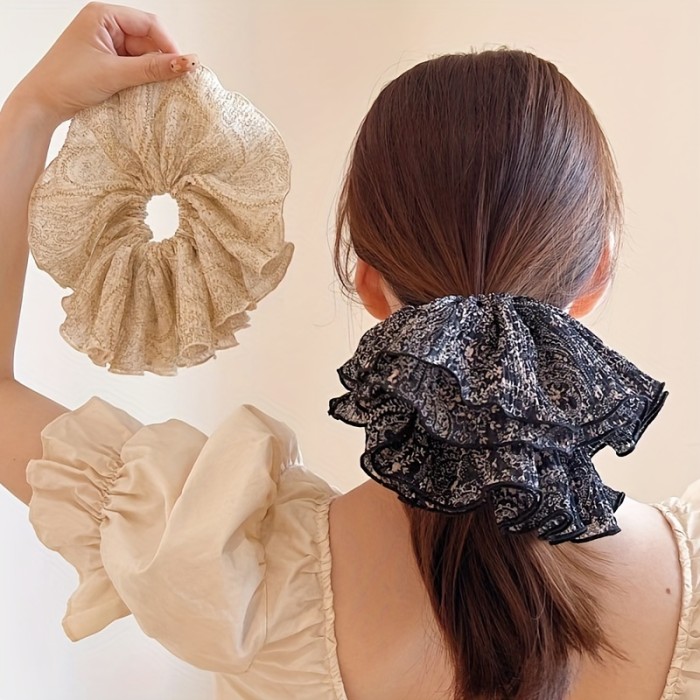 Chic Vintage Flower Hair Scrunchie - Elastic Mesh & Pleated Design - Stylish Ponytail Holder for Everyday Glam