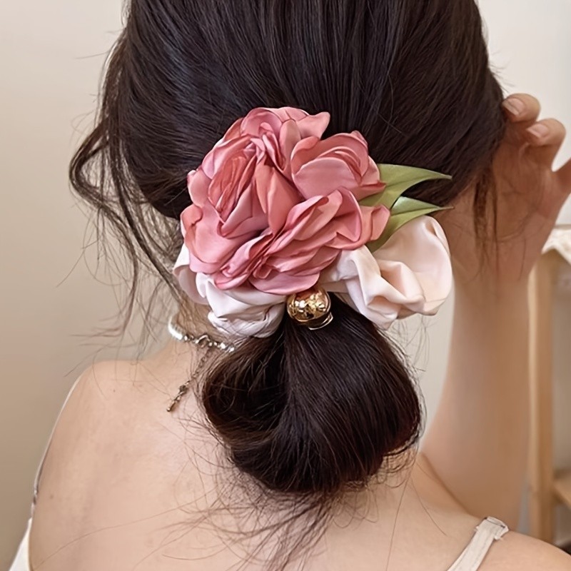 1pc Elegant Floral Hair Ring - Soft Fabric, Large Intestine Design, Solid Color Printing, Trendy Ponytail Holder for Womens Daily Use