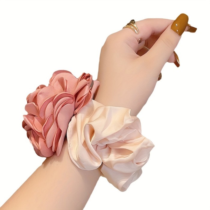 1pc Elegant Floral Hair Ring - Soft Fabric, Large Intestine Design, Solid Color Printing, Trendy Ponytail Holder for Womens Daily Use