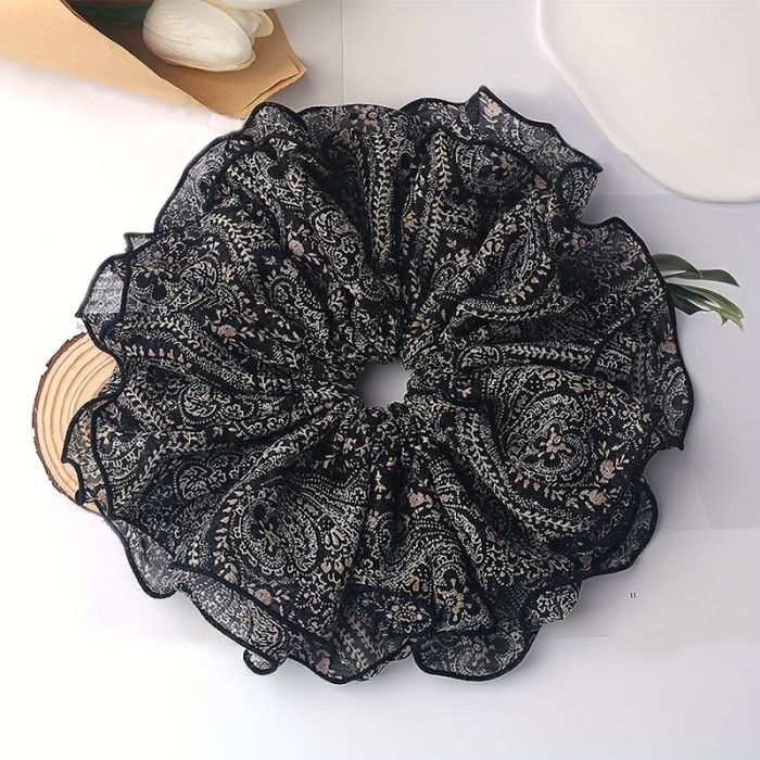 Chic Vintage Flower Hair Scrunchie - Elastic Mesh & Pleated Design - Stylish Ponytail Holder for Everyday Glam