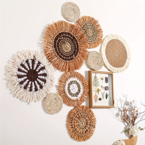 9 Pcs Boho Wall Decor Flat Baskets Wall Decoration Boho Woven Hanging Round Tassels Wall Decor Farmhouse Rustic Art Wall Decor For Living Room Bedroom Bathroom House