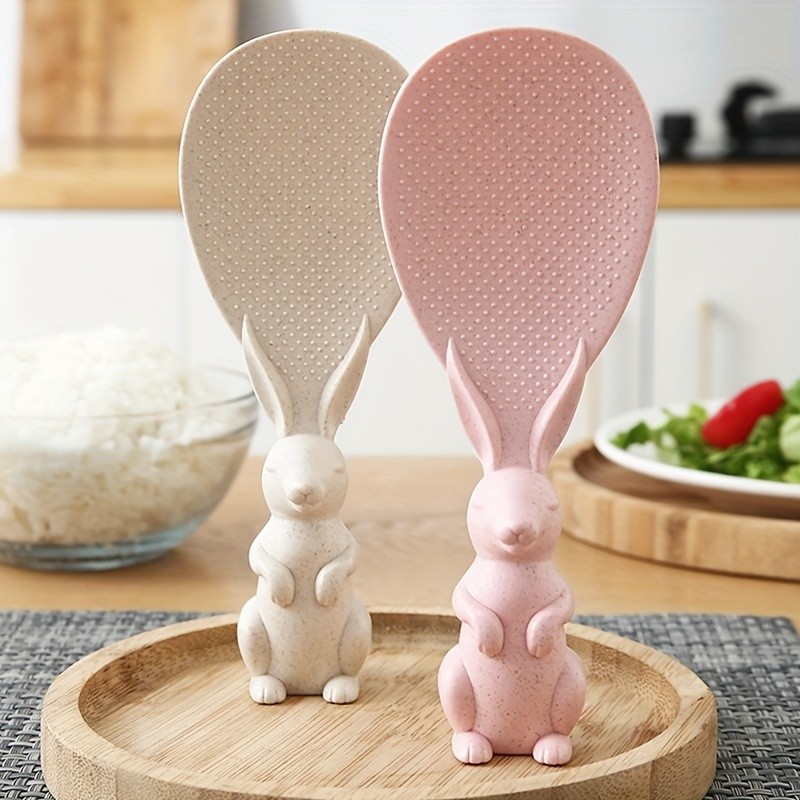 1pc Adorable 3D Rabbit Shaped Non-Stick Plastic Rice Spoon - High Temperature Resistant, Easy to Clean, Ergonomic Handle, Space-Saving Design, Ideal for Cooking, Serving, and Measuring Rice, Perfect for Kitchen and Household Use