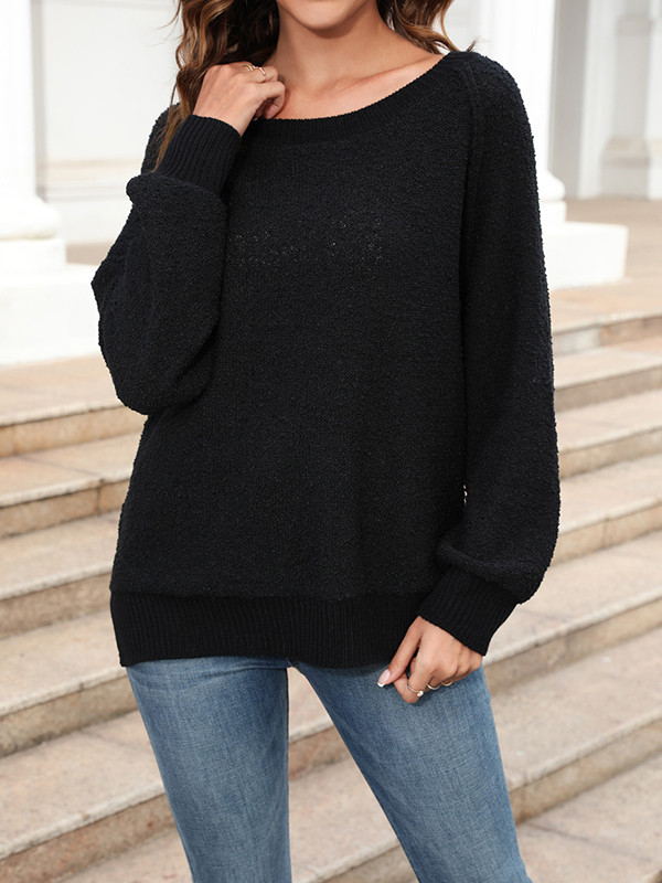 Long Sleeves Loose Solid Color Split-Joint Round-Neck Pullovers Sweater Tops