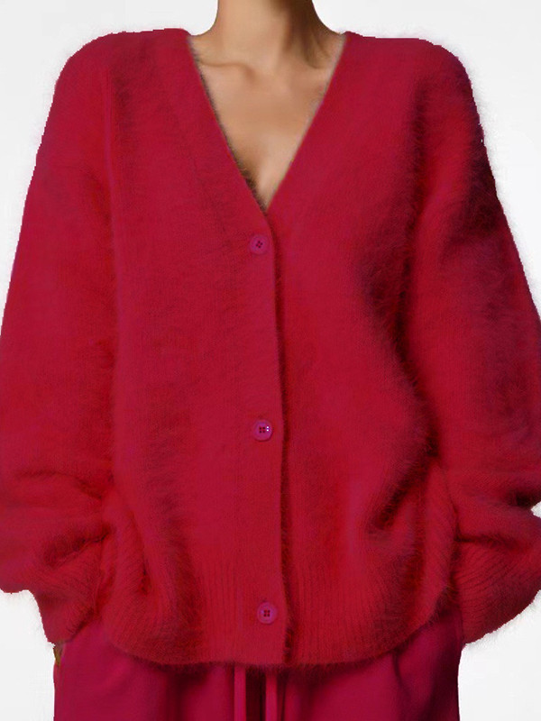 Long Sleeves Loose Buttoned Solid Color V-Neck Cardigan Tops