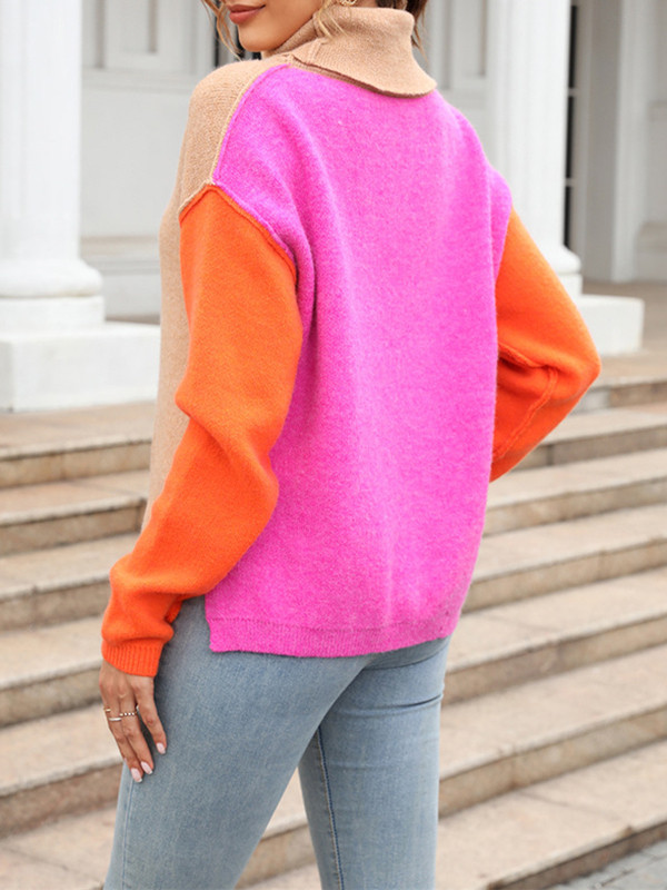 Long Sleeves Loose Contrast Color Split-Joint High Neck Sweater Tops
