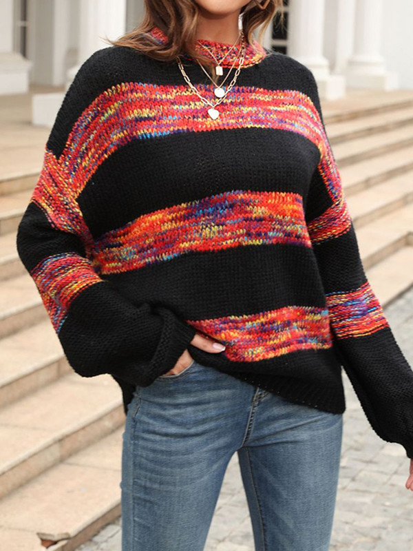 Long Sleeves Loose Contrast Color Split-Joint Striped Round-Neck Pullovers Sweater Tops