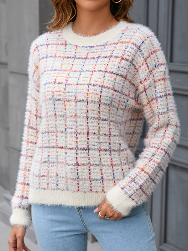 Long Sleeves Loose Plaid Split-Joint Round-Neck Pullovers Sweater Tops