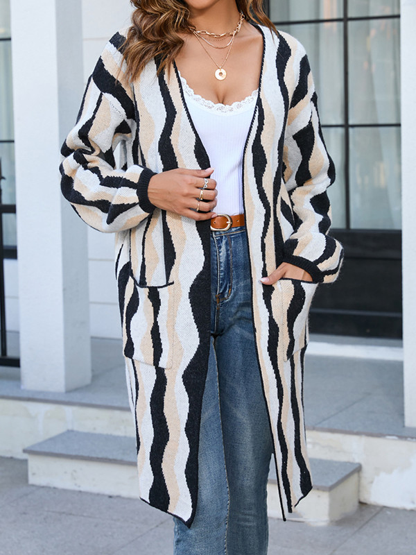 Long Sleeves Loose Contrast Color Pockets Split-Joint Collarless Cardigan Tops