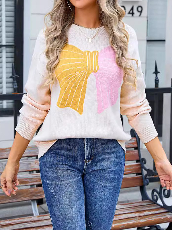 Long Sleeves Loose Bow-Embellished Jacquard Split-Joint Round-Neck Pullovers Sweater Tops