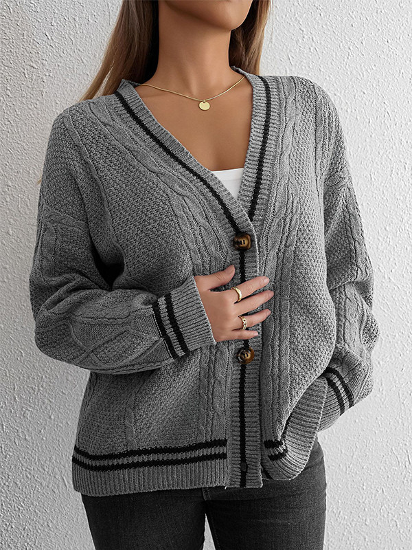 Long Sleeves Loose Buttoned Contrast Color Embroidered Split-Joint Collarless Cardigan Tops