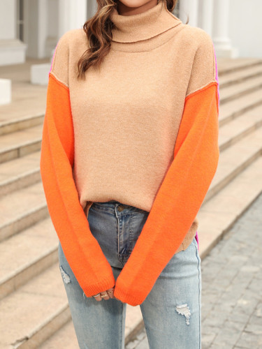 Long Sleeves Loose Contrast Color Split-Joint High Neck Sweater Tops