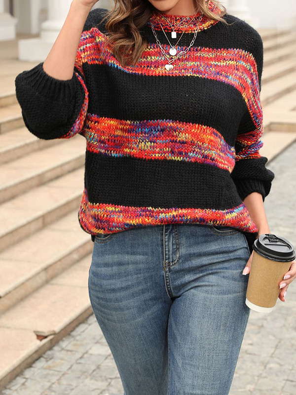 Long Sleeves Loose Contrast Color Split-Joint Striped Round-Neck Pullovers Sweater Tops