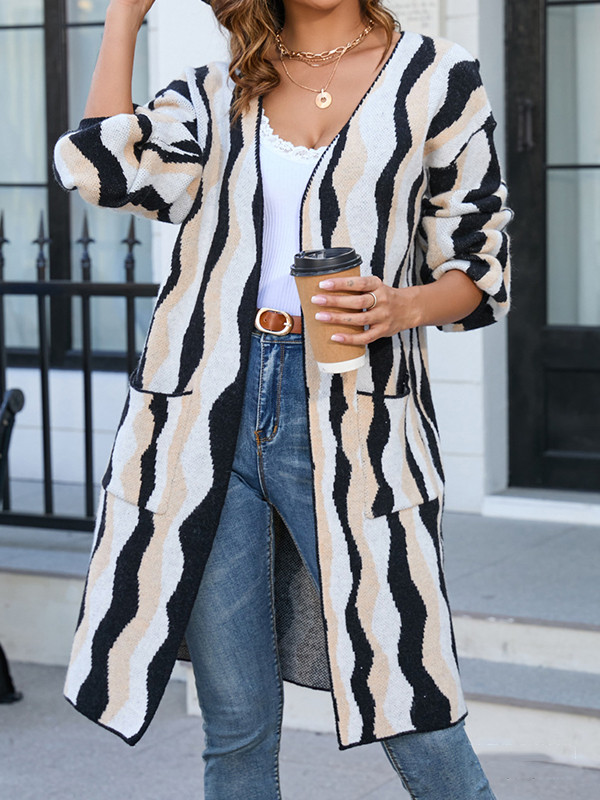 Long Sleeves Loose Contrast Color Pockets Split-Joint Collarless Cardigan Tops