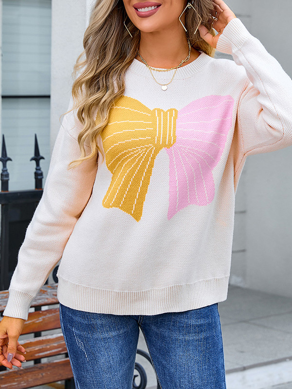 Long Sleeves Loose Bow-Embellished Jacquard Split-Joint Round-Neck Pullovers Sweater Tops
