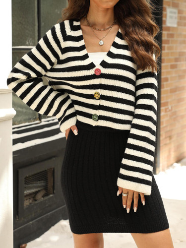 Long Sleeves Buttoned Contrast Color Split-Joint Striped V-Neck Cardigan Tops + Bodycon Skirts Bottom Two Pieces Set