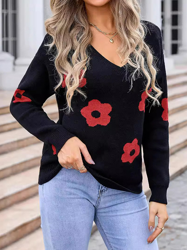 Long Sleeves Loose Knitted Flower Split-Joint V-Neck Pullovers Sweater Tops