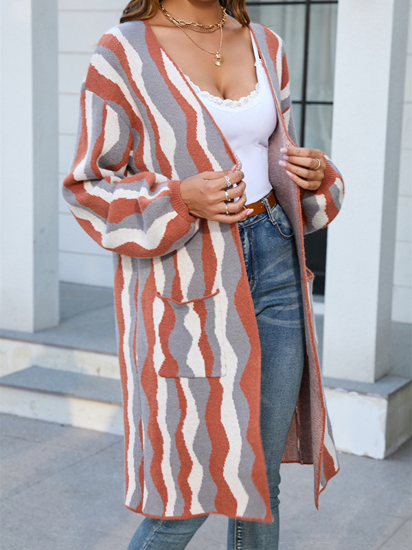 Long Sleeves Loose Contrast Color Pockets Split-Joint Collarless Cardigan Tops