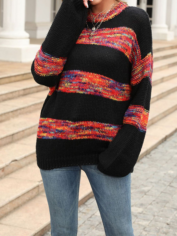 Long Sleeves Loose Contrast Color Split-Joint Striped Round-Neck Pullovers Sweater Tops