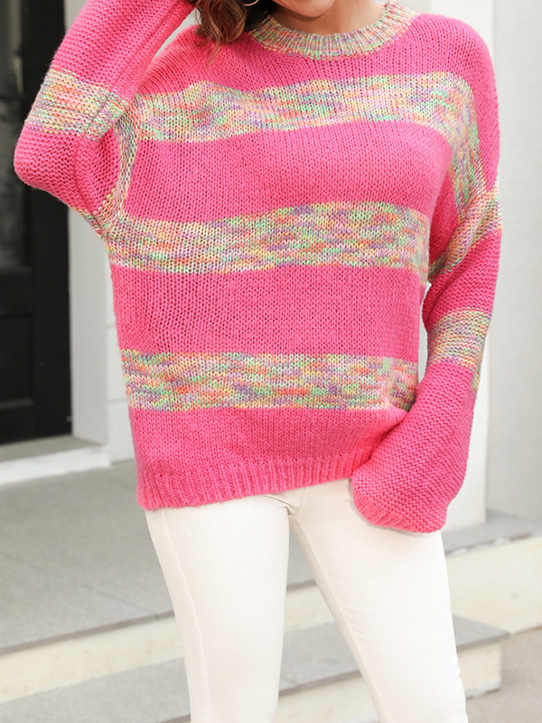 Long Sleeves Loose Contrast Color Split-Joint Striped Round-Neck Pullovers Sweater Tops