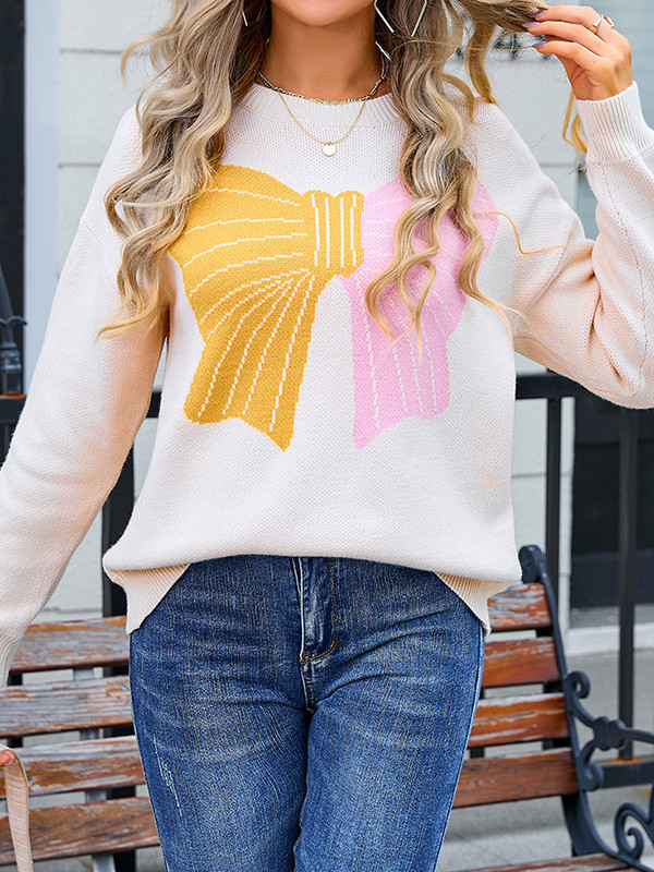 Long Sleeves Loose Bow-Embellished Jacquard Split-Joint Round-Neck Pullovers Sweater Tops
