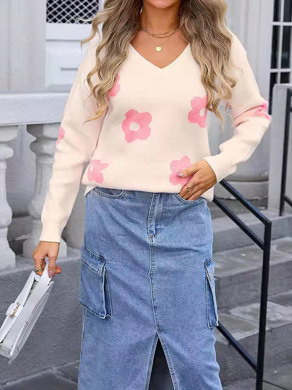 Long Sleeves Loose Knitted Flower Split-Joint V-Neck Pullovers Sweater Tops