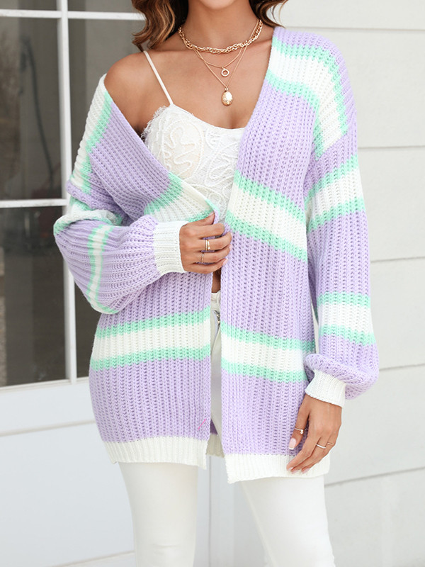 Long Sleeves Loose Contrast Color Split-Joint Striped Collarless Cardigan Tops