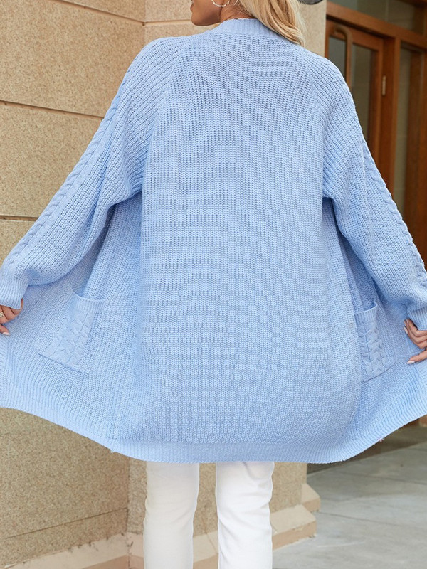 Long Sleeves Loose Pockets Solid Color Split-Joint V-Neck Cardigan Tops